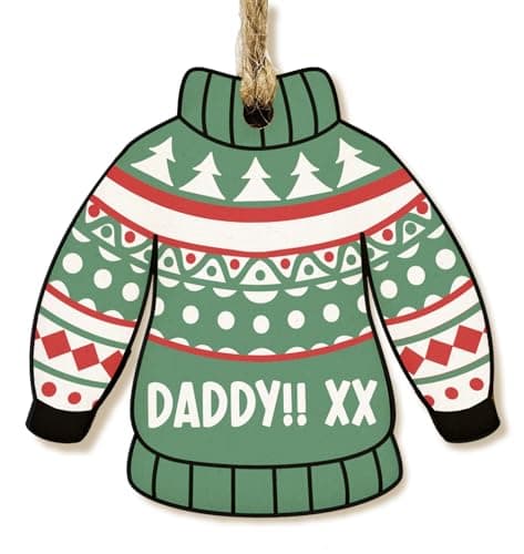 Image of The Plum Penguin Personalised Novelty Christmas Jumper Bauble Festive MDF Ornament with Custom Name Choice of Xmas Pattern (Red, White & Green Traditional)