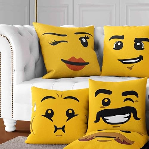 Image of Building Block Face Brick Cushion | Custom Colour Face Brick Pillow | Fun Kids Room Decor | Happy Face Cushion Cover or Filled | Gift for Building Block Fans, Gamers, Builders, Playroom Accessory