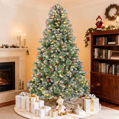 Image of Pre-lit Christmas Tree 183cm/6ft, 850 Branches Tips Artificial Pine Xmas Tree with 250 LED Warm Lights & 50 Red Berry & 40 Pinecone Holiday Party Decoration for Indoor Outdoor (Green)