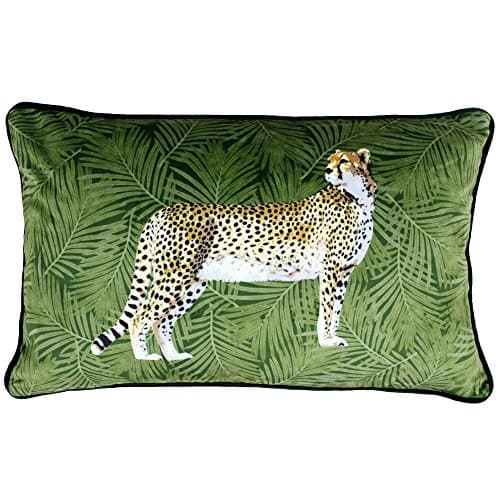 Image of Riva Paoletti Cheetah Forest Cushion Cover - Green - Palm Leaf Design - Velvet Feel Fabric - Piped Edges - Machine Washable - 100% Polyester - 30 x 50cm (12" x 20" inches) - Designed in the UK