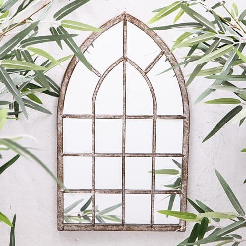 Image of Arched Metal Distressed Frame Gothic Style Garden Wall Mirror 42cms