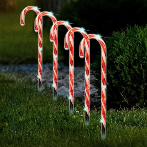 Image of Almineez Christmas Set of 5 Candy Cane Red & White Light Up 50cm Stakes Garden Path Patio 50 LEDs Outdoor Indoor Festive Lighting Novelty Xmas Pathway Decorations (Red and White)