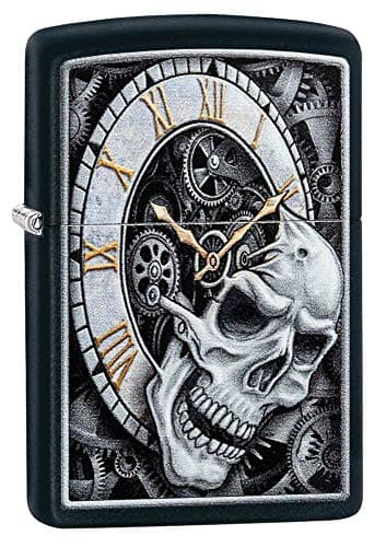 Image of Zippo Windproof Lighter - Skull Clock Design - Black Matte - Colour Image - Refillable - Reusable - Gift Box - Metal - Made in USA