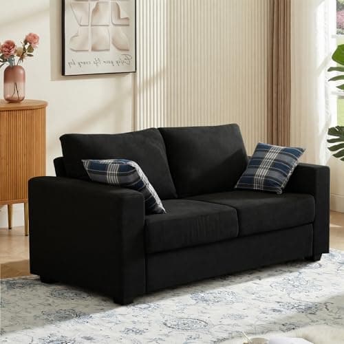 Image of Panana Modern Linen Fabric Corner Settee - 2 Seater or 3 Seater, Compact Living Room Sofa with 2 Free Back Cushions (Black)