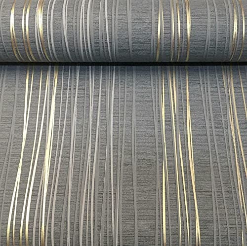 Image of SOPHIE LAURENCE Metallic Stripe Textured Blown Vinyl Charcoal Grey Gold Wallpaper (10m x 0.53m)