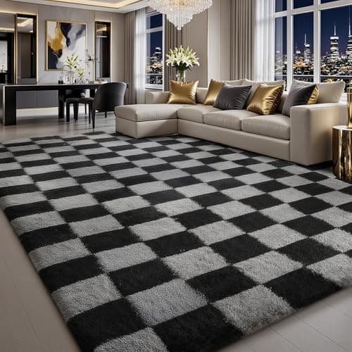 Image of Treeboy Rugs Living Room 120x160cm,Black and Grey Checkered Area Rug for Bedroom,Washable Anti Slip Extra Large Shaggy Rug Soft Fluffy Rug Fuzzy Carpet for Kids Room Nursery,Dorm Home Decor