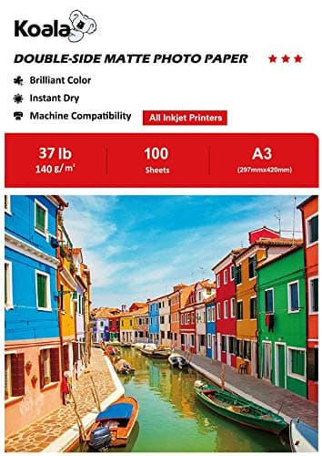 Image of KOALA Double Sided Matte Inkjet Photo Paper A3, 140gsm, 100 Sheets for Inkjet Printers. Suitable for Printing Photos, Brochures, Covers, Certificates, Booklets, Flyers, Leaflets, Cards, Calendars