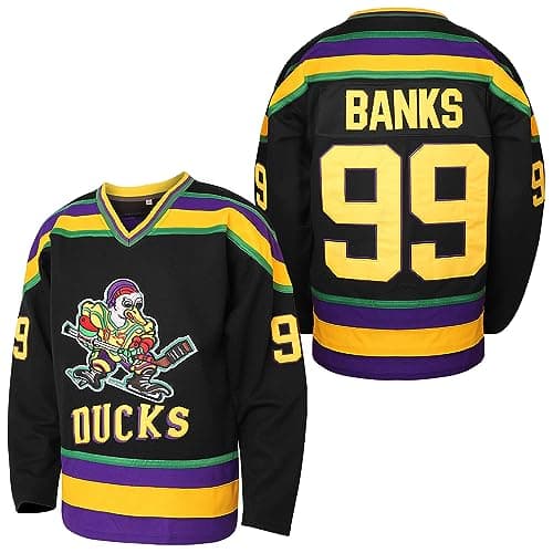 Image of Mighty Ducks Jersey #96 Charlie Conway #99 Adam Banks #33 Greg Goldberg #66 Gordon Bombay Movie Hockey Jersey White Green, 99 Adam Banks Black, 3XL
