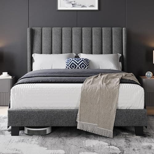 Image of Yaheetech Double Bed Frame, Upholstered Platform Bed with Channel Tufted Headboard & Wing Side, Wood Slat Support, Mattress Foundation, No Box Spring Needed, Noise-free, 4ft6 Double Bed Dark Grey