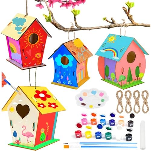 Image of UZSUZZ DIY Bird House Kit for Kids to Build and Paint - Wooden Arts and Crafts Gifts for Girls and Boys, Mini 4 Pack