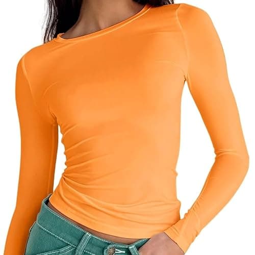 Image of OYIGELZ Women's Basic Long Sleeve Shirt Crew Neck Slim Fit Crop Top Y2K T-Shirt Casual Blouse Tee Tops Streetwear(Orange-T1,M)