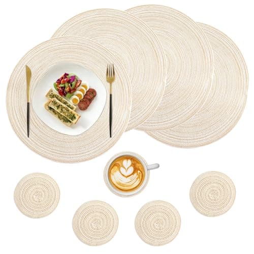 Image of KASURE 8 Pieces Round Placemats Set, 30 cm Placemats(4) and 11 cm Coaster(4), Round Braided Woven Place Mats, Easy Clean Heat Resistant and Non Slip for Kitchen Dining Table Home Restaurant, Beige