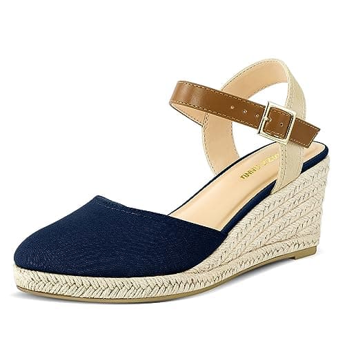 Image of PIZZ ANNU Womens Wedge Sandals Canvas Ladies Espadrilles Summer Elegant Buckle Mid Heel Platform Closed Toe Shoes Navy Size 4