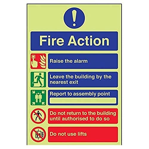 Image of V Safety Glow In The Dark 5 Message Fire Action Notice Sign - 200mm x 300mm - Rigid Plastic