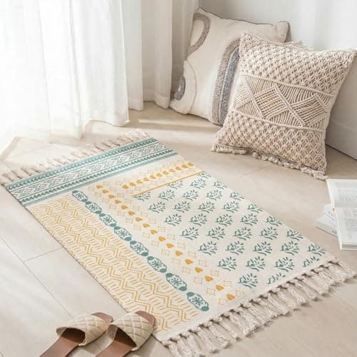 Image of MORROWCAMP Boho Cotton Small Rug 58x88 cm with Tassels, Woven Washable Rug, Soft Bedside Rug for Bedroom, Decorative Accent Rug for Entryway, Kitchen Indoor, Ethnic Boho