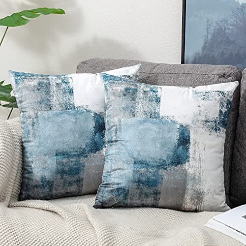 Image of OYIMUA Set of 2 Decorative Velvet Cushion Covers 45 x 45 cm Abstract Art Decor Pillow Case Blue Grey Cushion Cover 18x18 inches for Outdoor Patio Garden Blench Living Room Sofa Farmhouse Decor