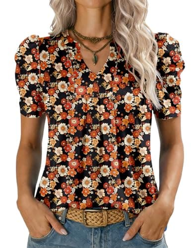 Image of Kistore Blouses for Women UK Puff Short Sleeve Ladies T Shirts V Neck Floaty Floral Tunic Blouse Fashion 2026 Black Red Flower L