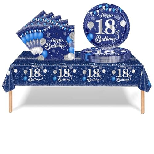 Image of 37Pcs 18th Birthday Tableware Set Navy Blue,18th Birthday Decorations with Party Paper Plates and Napkins,Plastic Table Cloth for Her His Girl Boy Happybirthday Table Decoration Dinnerware Supplies