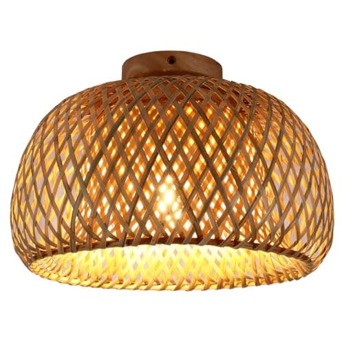 Image of ZONJIE Rattan Ceiling Light - Natural Wicker Bamboo Ceiling Lights E27 Semi Flush Mount Ceiling Light Farmhouse Lighting Fixture Handmade Boho Cage Chandelier for Living Room Bedroom Kitchen Entryway