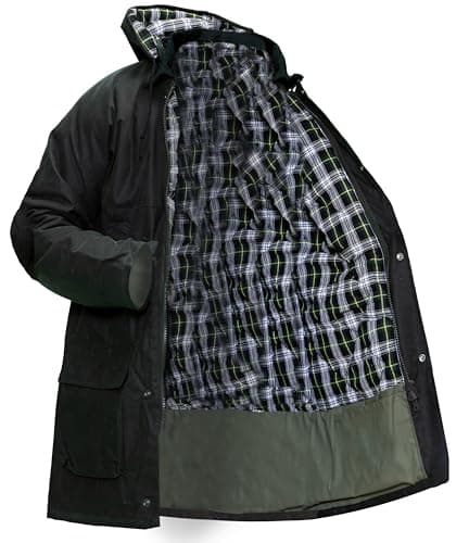 Image of Mega_Jumble Men's Padded Wax Cotton Jacket With Hood Waterproof Hiking Hunting Fishing Country Bodywarmer Casual Sportwear Outdoor Winter Coat (UK, Alpha, 3XL, Regular, Regular, Olive)