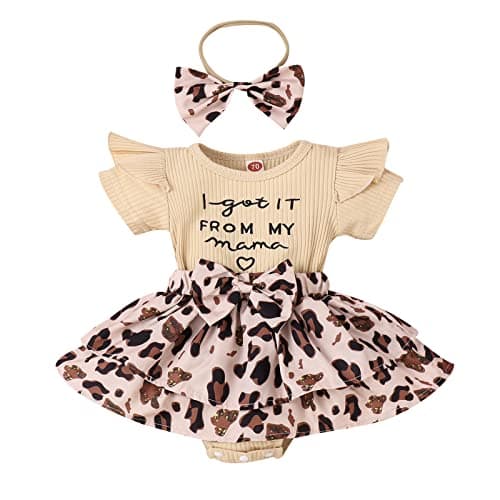 Image of Himllauen Infant Baby Girl Summer Romper Dress Outfits Short Sleeve Round Neck Bow Front Patchwork Skirt Bodysuit with Headband Newborn Girl Casual Sets (Khaki, 0-3 Months)