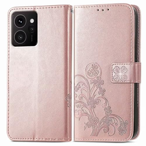 Image of RankOne Leather Phone Case for HMD Skyline (6.55" Inches), Wallet Case with 3 Card Slots 1 Coin Pocket Four Leaf Clover Pattern - Rose Gold