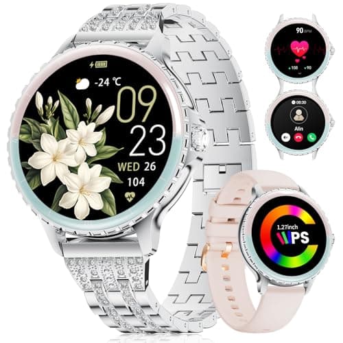 Image of LIGE Smart Watch Women Phone Call 1.27" HD Round Stainless Steel Fitness Tracker Elegant Diamond Smartwatch for Android iOS,100+ Sports Modes,Heart Rate,Sleep Monitor,Menstrual Cycle,Silver