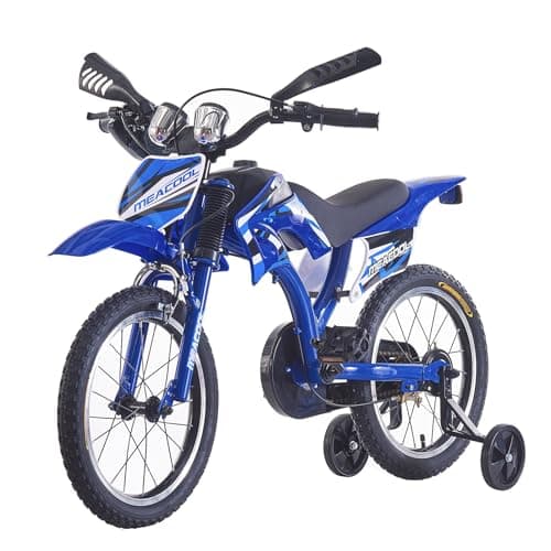 Image of BSTSEL 16"/18"/20" Kids Bike Boys Motocross Bike Dazzling Motorcycle Bike Simulated Motorbike Sound Boys Bicycle Gift with Removable Stabilisers Wheels for Ages 4-12 Years Old (Blue, 16 inch Wheels)