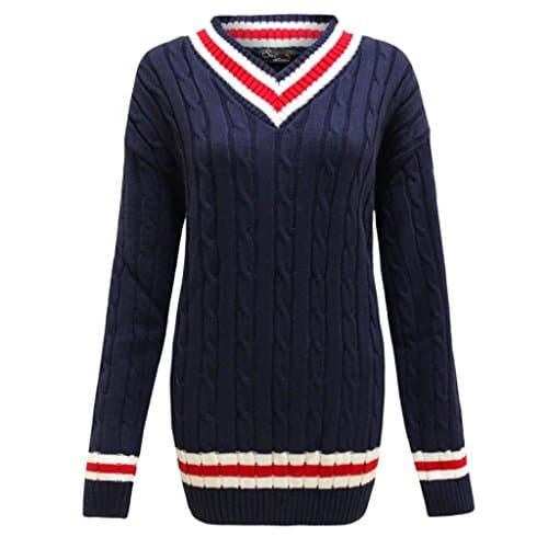 Image of New Ladies V Neck Cable Knitted Cricket Jumper Womens Stretch Long Sleeve Stripe Top Navy Size 12 – 14