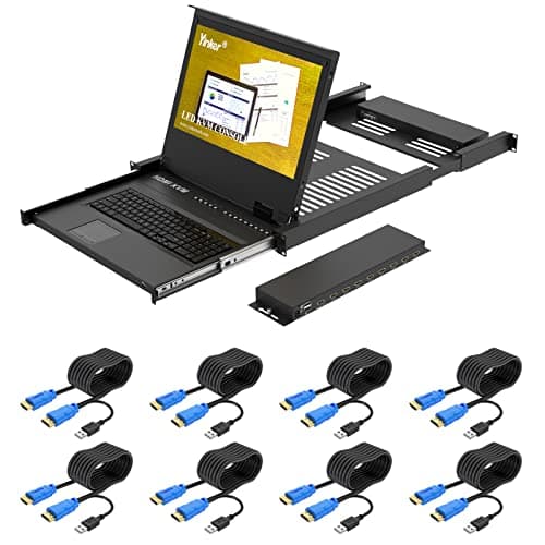 Image of Yinker Rack Mount KVM w/17.3" LCD Monitor, 8 Port HDMI LCD KVM Switch 1920x1080@60Hz for 1U 19" Rack Supports OSD Menu/Hotkey, with 8 KVM Cables + Keyboard + Touchpad