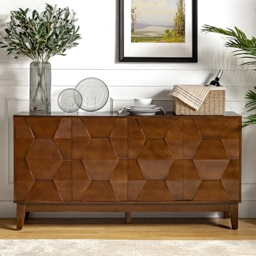Image of HULALA HOME Sideboard Storage Cabinet with 4 Doors and Adjustable Shelves, Large Sideboard Modern Kitchen Buffet Cabinet with Solid Wood Legs for Living Room and Dining Room, Walnut