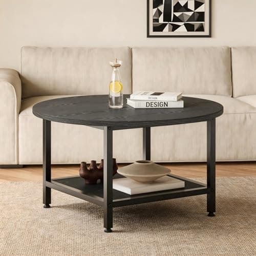 Image of ARFARLY Round Coffee Table for Living Room, 2 -Tier Circle Coffee Table with Storage Shelf, Modern Center Table with Sturdy Metal Frame for Home Furniture, Black