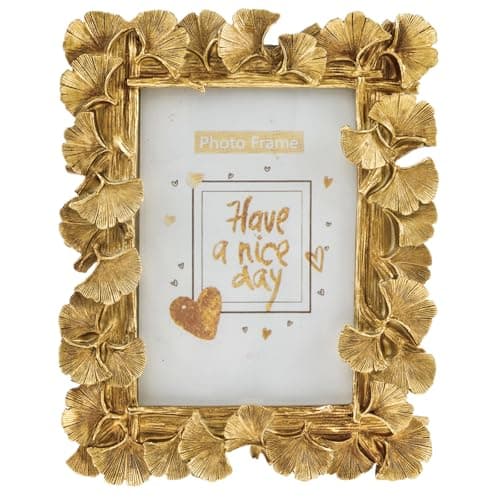 Image of Gold Photo Frame 4x6 inch Vintage Ornate Picture Frame Ginkgo Leaves Textured Photo Frames with Glass Front, Resin Tabletop Display Photo Holder for Home Bedroom Living Room Office