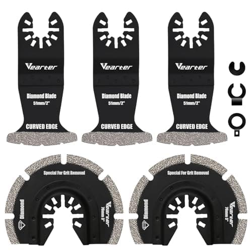 Image of Vearter 5PCS Diamond Multi Tool Blade with Adapter, Universal Multitool Blades for Grit Grout Removal, Quick Release Multi Tool Blades for Tile, Air Brick, Cement, Concrete, Masonry