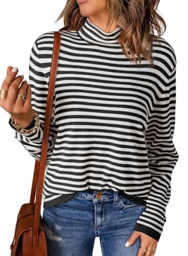 Image of Dokotoo Women's Jumpers Striped Pullover Sweater Long Sleeve Half Turtleneck Color Block Ladies Lightweight Loose Casual Knit Sweater Tops Black L 16 18