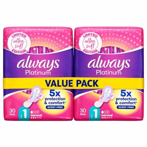 Image of Always Platinum Ultra Soft Sanitary Towels with Wings - 60 Pads (2 x 30) Value Pack, Size 1, Normal, Unscented Period Pads, Protection, Limited Edition, Breathable Top Layer, Comfortable Fit