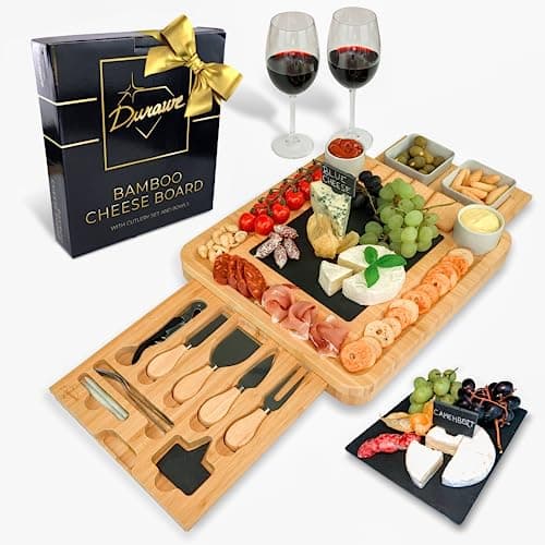 Image of Durawe Company Bamboo Cheese Board and Knife Set Ceramic Bowls Wine Opener - 100% Organic Wood Serving Tray Charcuterie Board Perfect Choice for Gourmets, Birthday Gifts and Moms