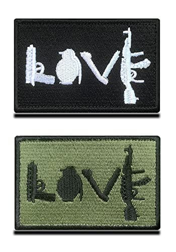 Image of 2 Pcs Tactical Love Symbols Patch - Pistol Grenade Knife Rifle Funny Military Patch Hook and Loop Full Embroidered Patch for Team Work Clothes Jersey Backpack Caps Travel Tactical Military