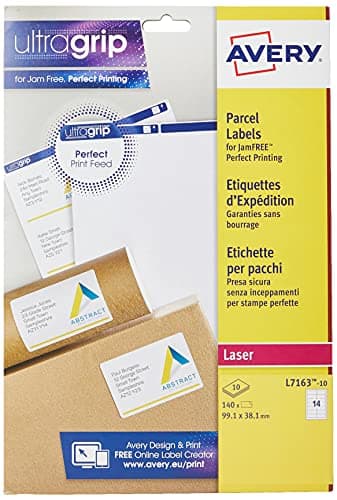 Image of Avery JamFREE, Printable, Parcel Labels, FSC Certified, 99.1 x 38.1 mm, White, 14 Labels per Sheet, 140 Blank Labels per Pack (L7163-10)