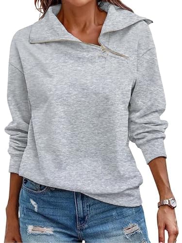 Image of Cuptacc Ladies Sweatshirts Half Zip Long Sleeve Pullover V Neck Oversized Sweatshirt Women Casual Work Clothes Grey, Small S 8-10