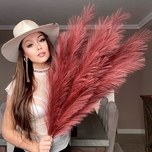 Image of VOULUX Extra Large Tall Burgundy Fake Faux Artificial Pampas Grass Large Fluffy x3 115cm Stems x18 Decorative Artificial Flora Feathers For Floor Vases Tall Plant Flowers Swingers Long Pampas Grass