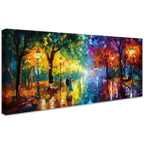 Image of Wooden Framed Canvas Wall Art Couple Walking in the Road Abstract Painting on Canvas Prints Poster Night under Colorful Streetlight Pictures for Living Room Bedroom Restaurant Wall Decor 50x120cm