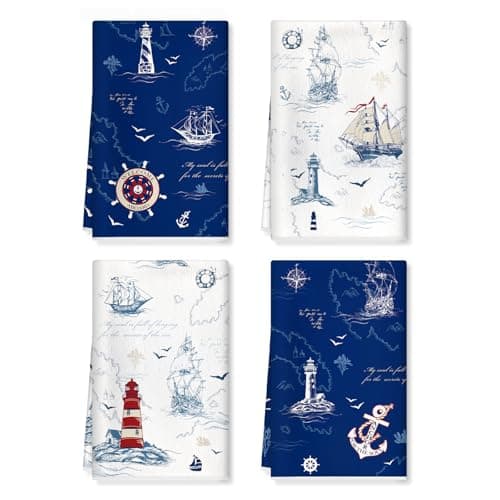 Image of Arquiel Nautical Kitchen Towels Soft Thick Cotton Blend Lighthouse Hand Towels, 42 x 70 cm Absorbent Dish Cloth for Kitchen Home Decor, Housewarming, Birthday Gifts for Nautical Lover, Set of 4