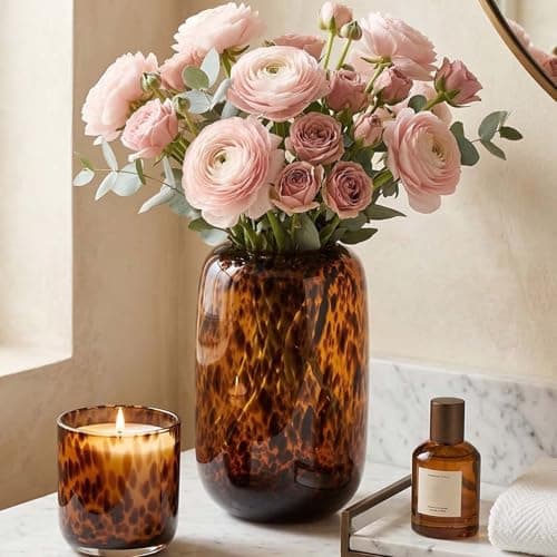 Image of PlivBloom Amber Vase,Brown Glass Vase,Round Art Vase,Modern Clear Glass Vase,Decorative Bottles for Home Decor,Farmhouse Centerpiece,Wide Glass Vase for Living Room, Kitchen,Office, Dining (L)