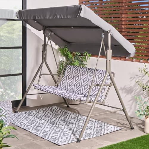 Image of OHS Swing Bench, 3 Seater Outdoor Swing Chair Adjustable Canopy Cushioned Seats with Backrest Non-Slip Feet Garden Seat Relaxing Comfy Outdoor Patio Hammock Bench - Geometric Grey