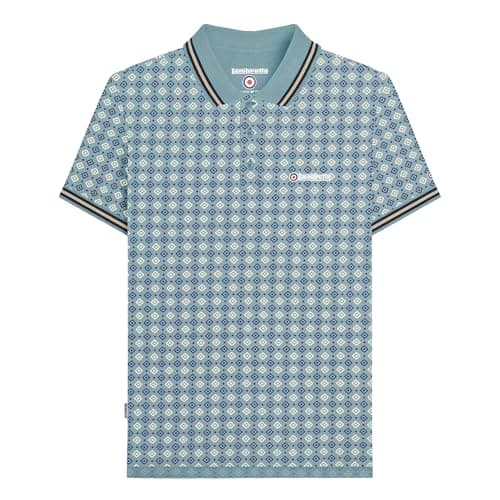 Image of Lambretta Mens Geometric Allover Print Polo Shirt - Smoke Blue - M
