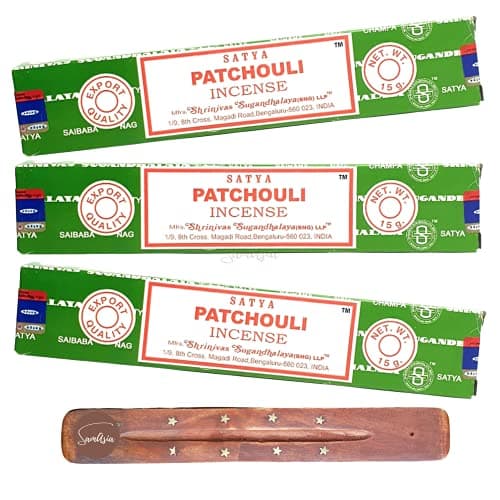 Image of Satya Nag Champa Patchouli Incense Sticks | x3 pack | with SAMASIA incense sticks holder | Used for Aromatherapy, Spa, Yoga, Weddings, Meditation, Positivity and Relaxation