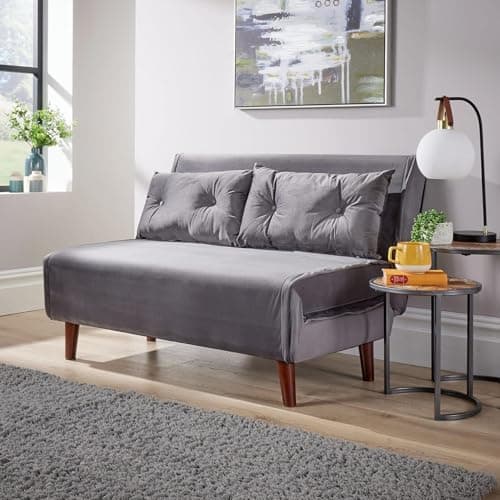 Image of Home Source Double Sofa Bed Futon Couch, Folding Chair Recliner Settee, 2 Pillows, Grey Velvet
