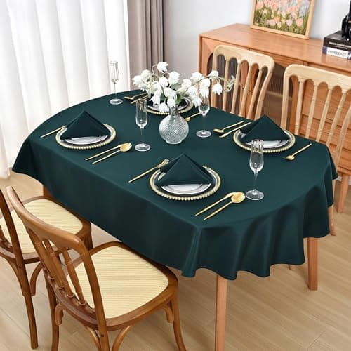 Image of Viiamacki Dark Green Oval Tablecloth, 52 x 70 Inch, Stain and Wrinkle Resistant Machine Washable Polyester Table Cloth, Fabric Table Cover for Dining Buffet Party and Outdoor Use