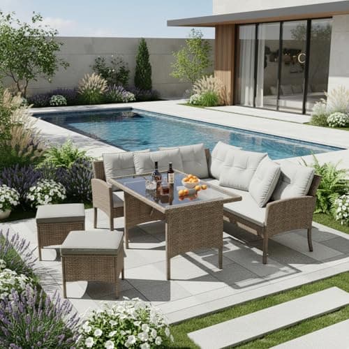 Image of Merax Rattan Garden Furniture Sofa 7-seater, Corner Garden Sofa with Glass Dining Table, Garden Entertaining Funiture Set, Removable and Washable Cushions, Khaki